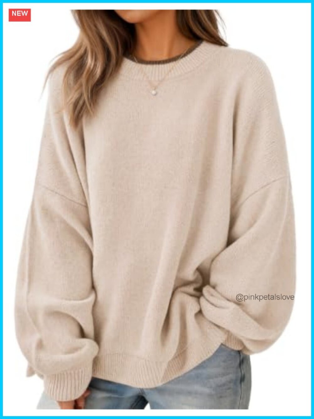 Oversized Crew Neck Pullover Sweater Batwing Sleeve Contrast Trim Fall
